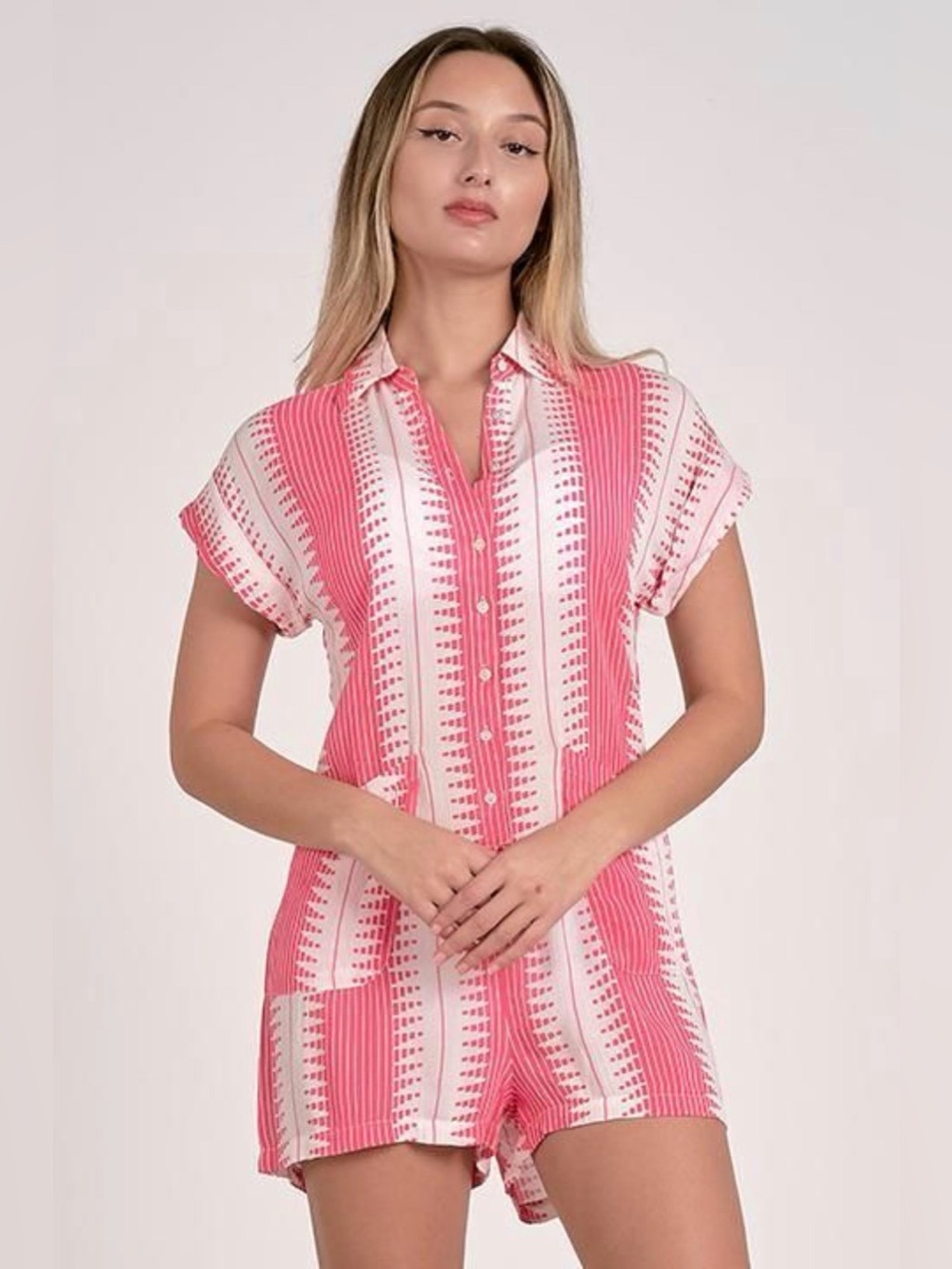 Sensea pink/White Striped Shirt Romper Short Sleeve Collared Button Pockets M